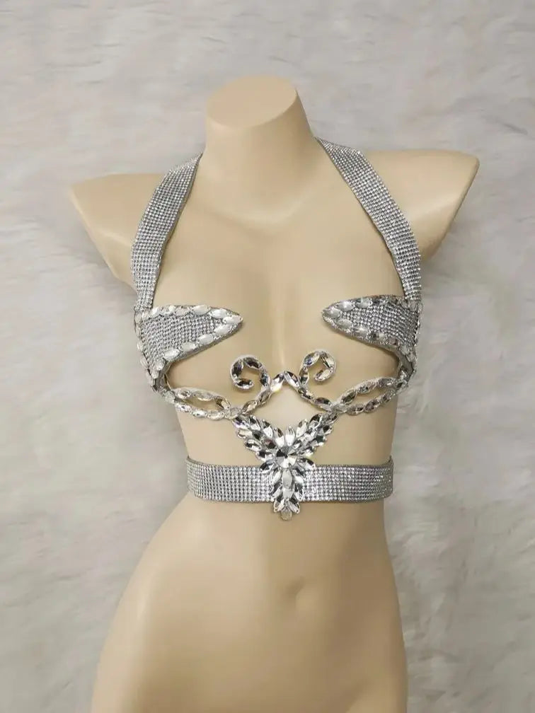 Sparkly Silver Carnival Rhinestone Wire Bra Festival Push-Up Dance Top