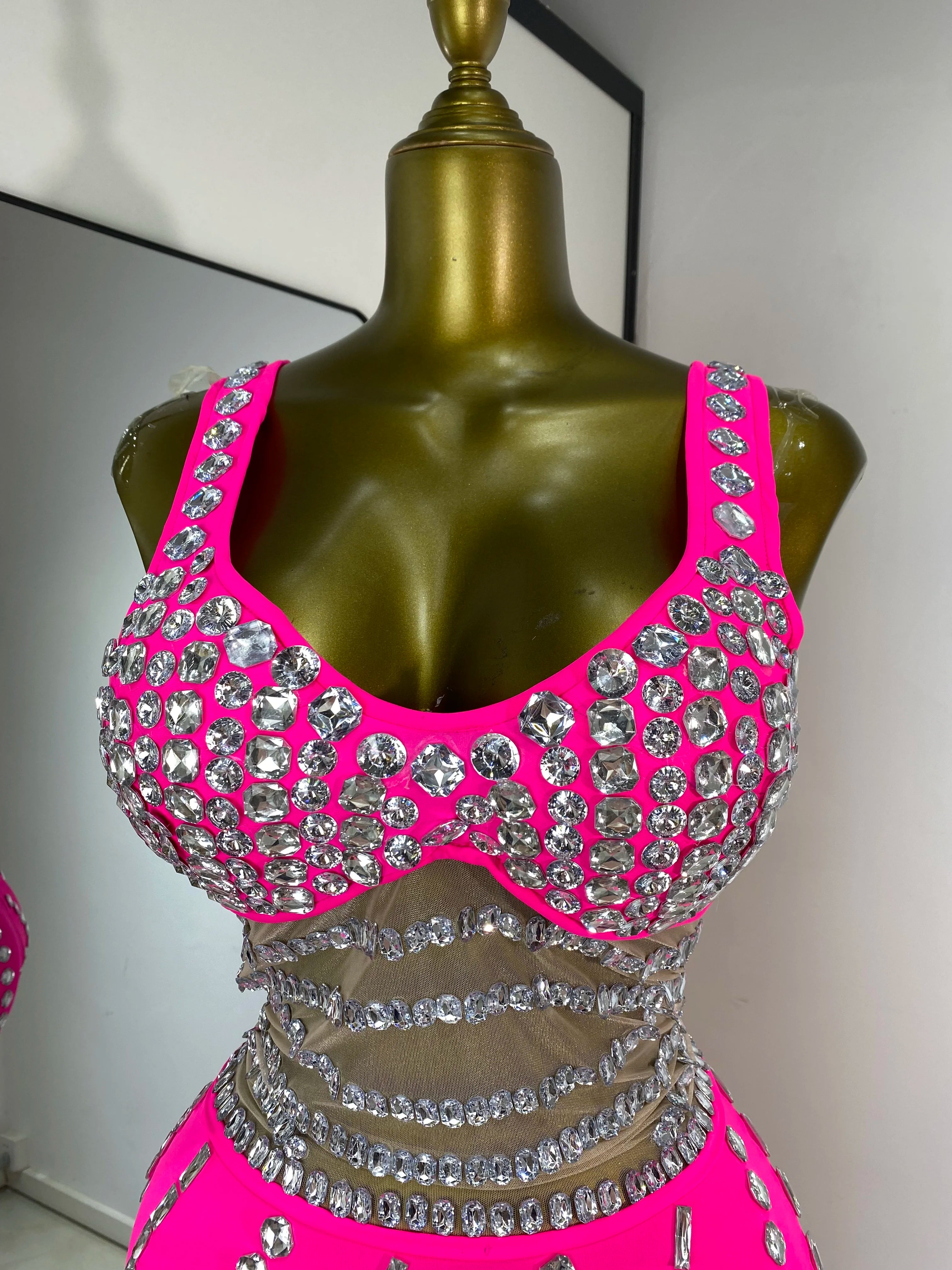 Hot Pink Rhinestone & Tulle Inset Open-Leg Maxi Evening Gown