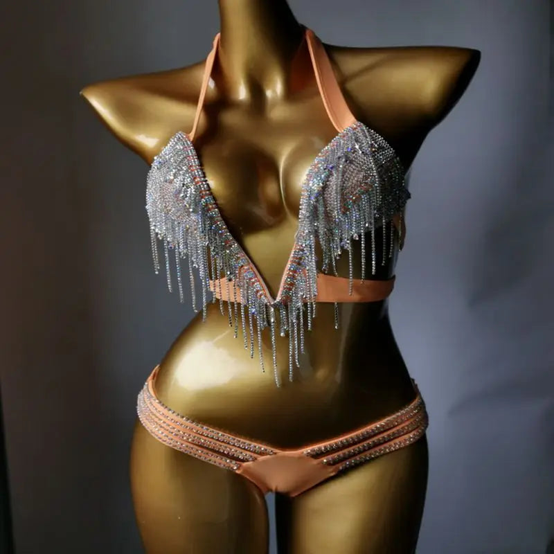 3-Piece Crystal Harness & Sheer Costume Set – Luxury Rhinestone Crop Top, Skirt & Wrap Set for Festivals, Raves & Stage Outfits