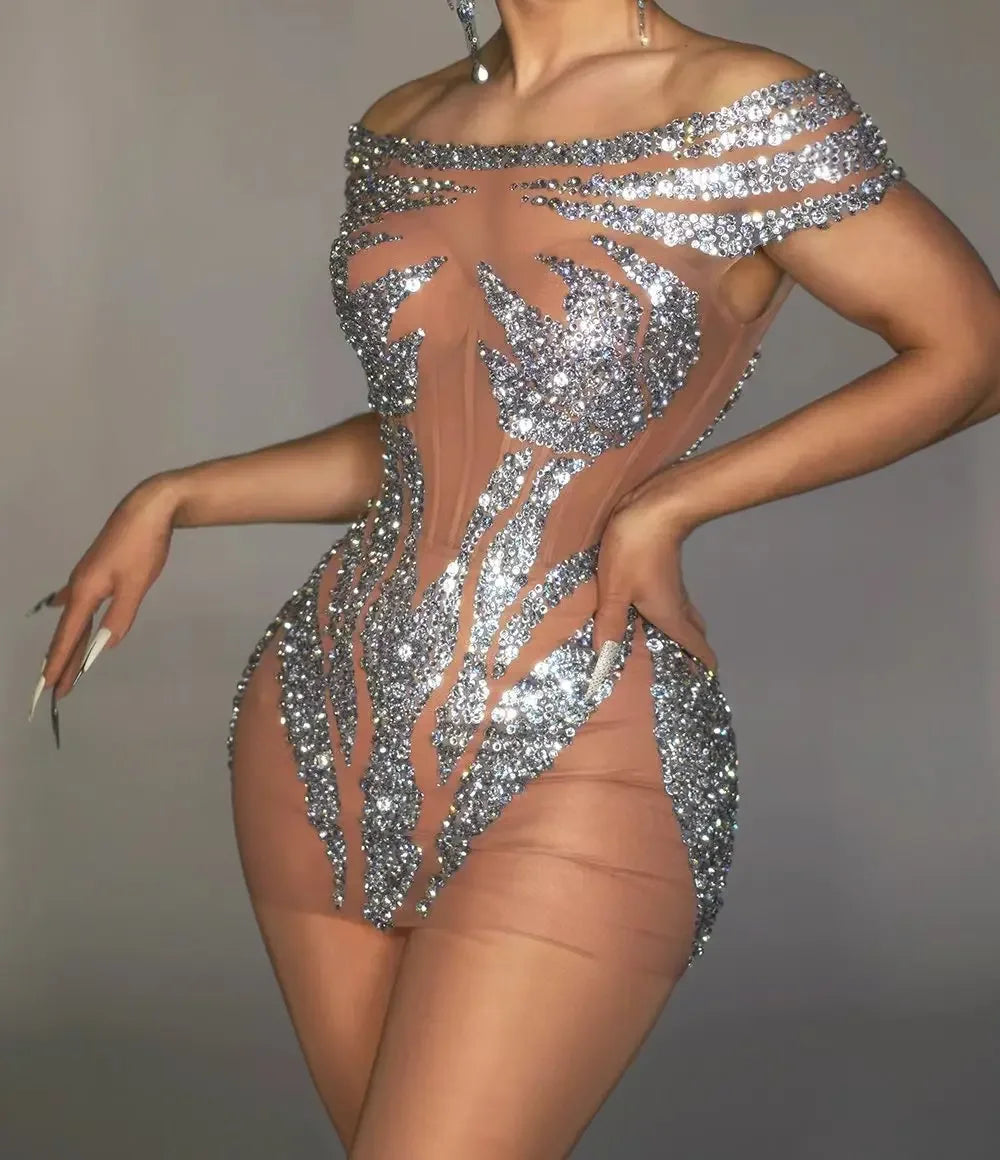 Sparkly Silver & Red Rhinestone Sleeveless Mini Dress Stage Costume