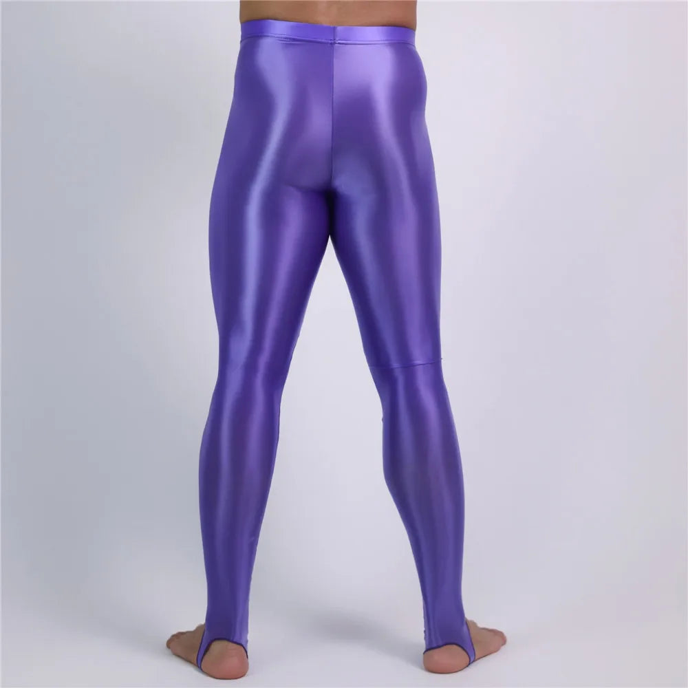 Men's Slim Tights Pencil Pants Stain Smooth  Oil Glossy Shiny Elastic Yoga Leggings Sheer See Through Full Pants Plus Size