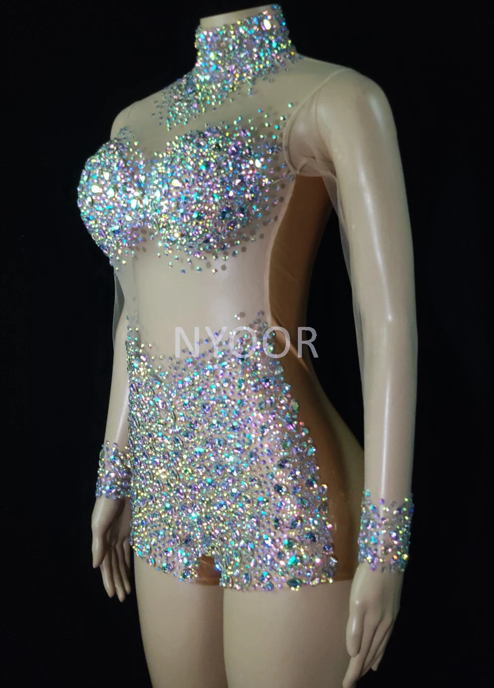 Luxurious AB Crystal Rhinestone Stage Dance Costume Illusion Romper