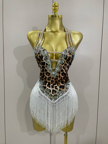 The Wildcat Stardust Tassel Bodysuit – Luxury Rhinestone Leopard Showgirl Costume