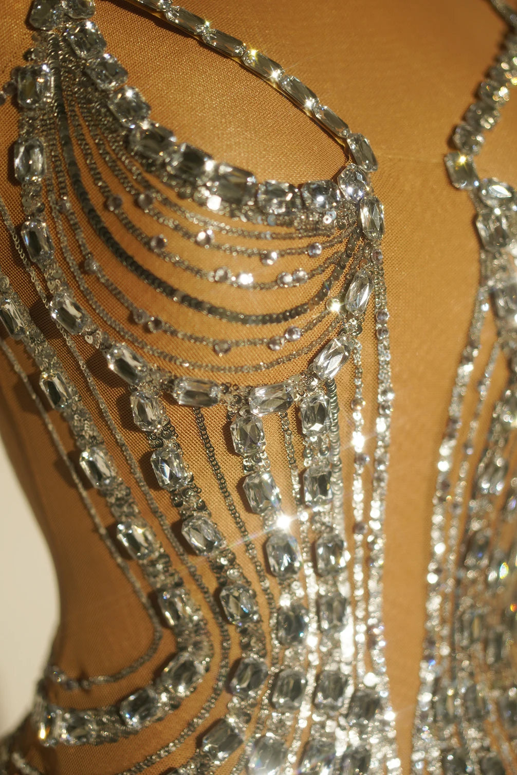 Sparkly Rhinestone & Sequin Sheer Illusion Long Dress Performance Costume