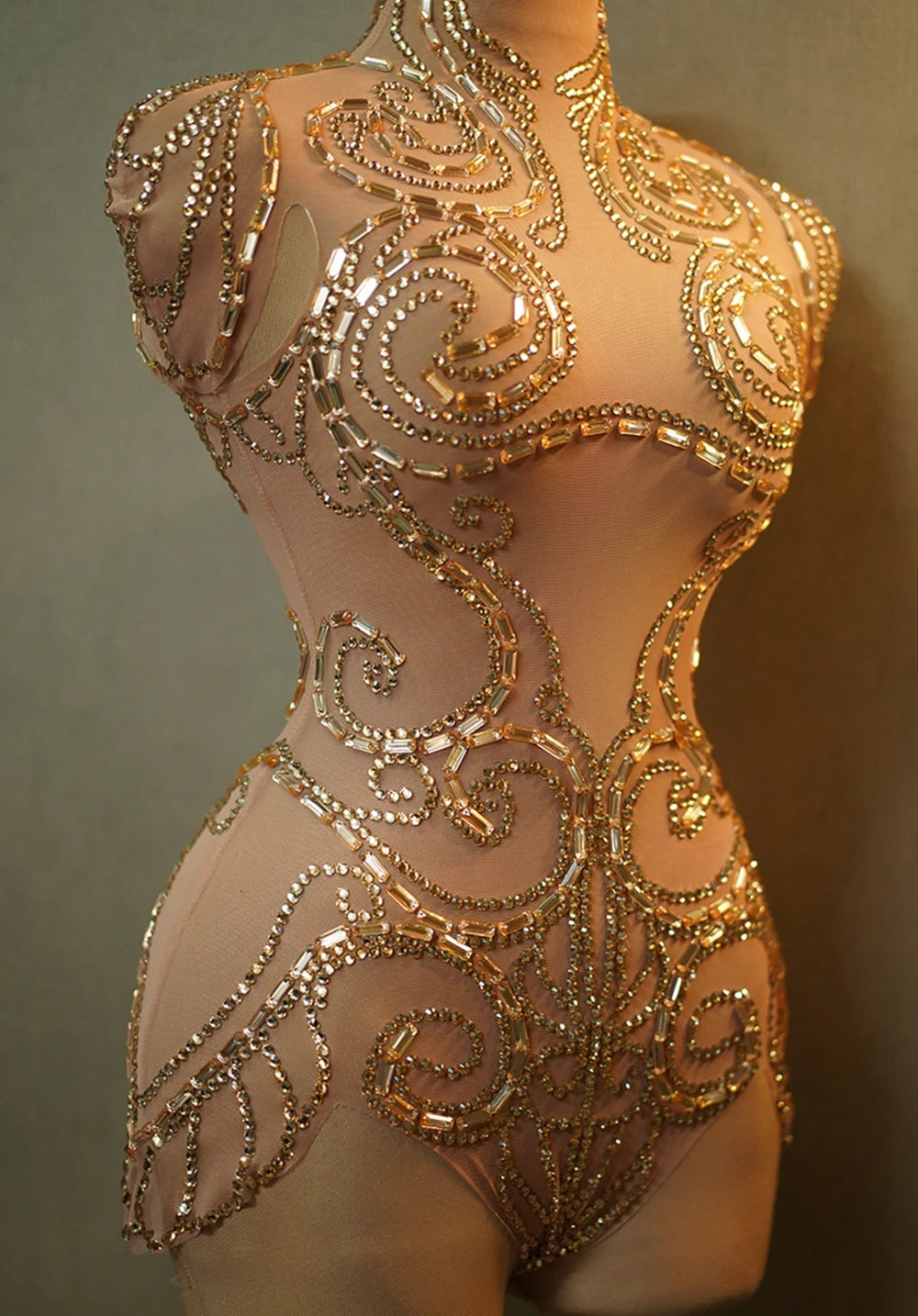 Gold Sparkly Rhinestone Sheer Mesh Bodysuit Stage Performance Costume