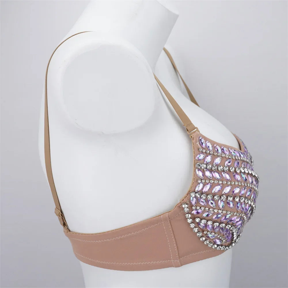 Sparkly Rhinestone Push-Up Bra Corset Top Showgirl Stage Performance Bustier