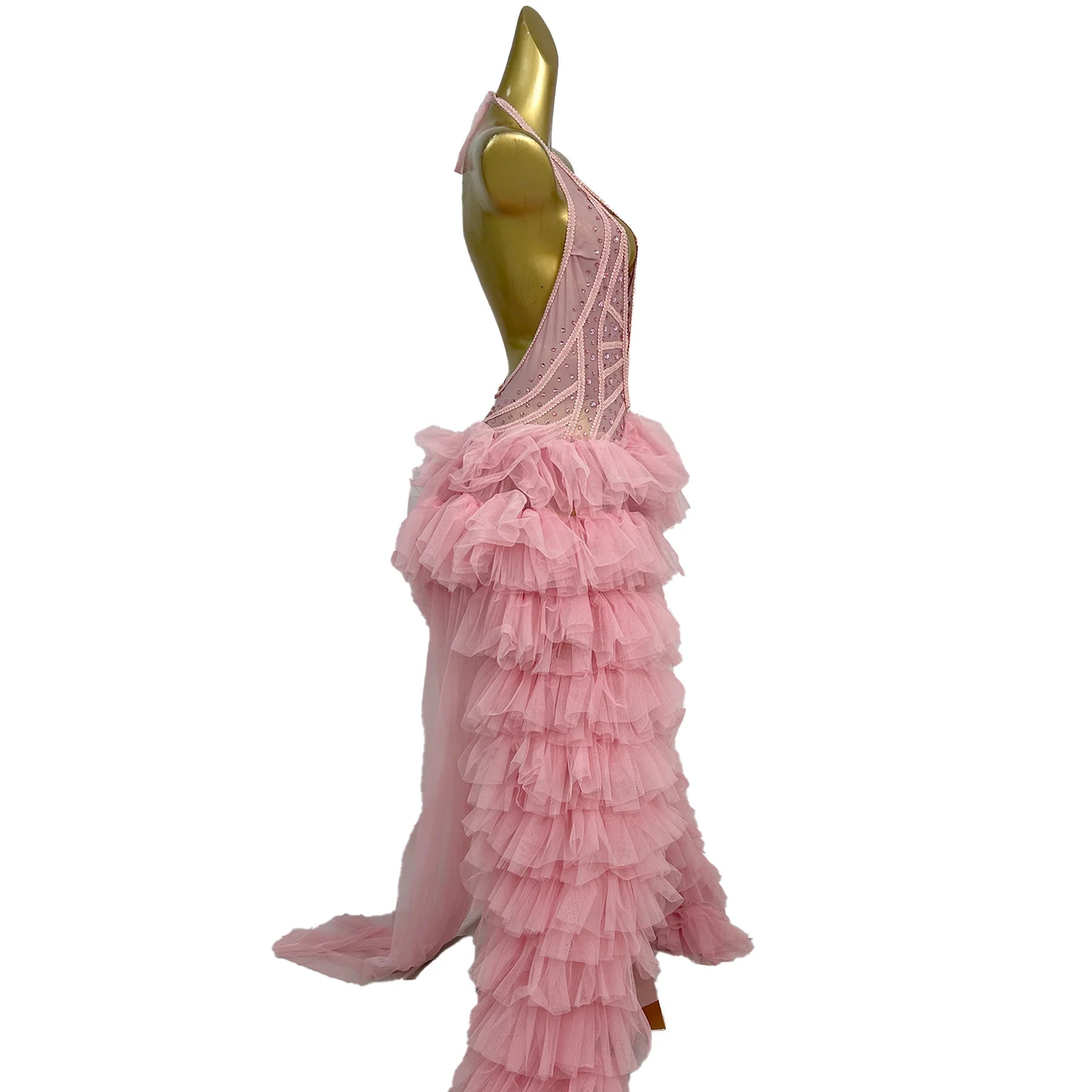 Pink Rhinestone Ruffle Backless Gala Ball Gown & Birthday Evening Dress