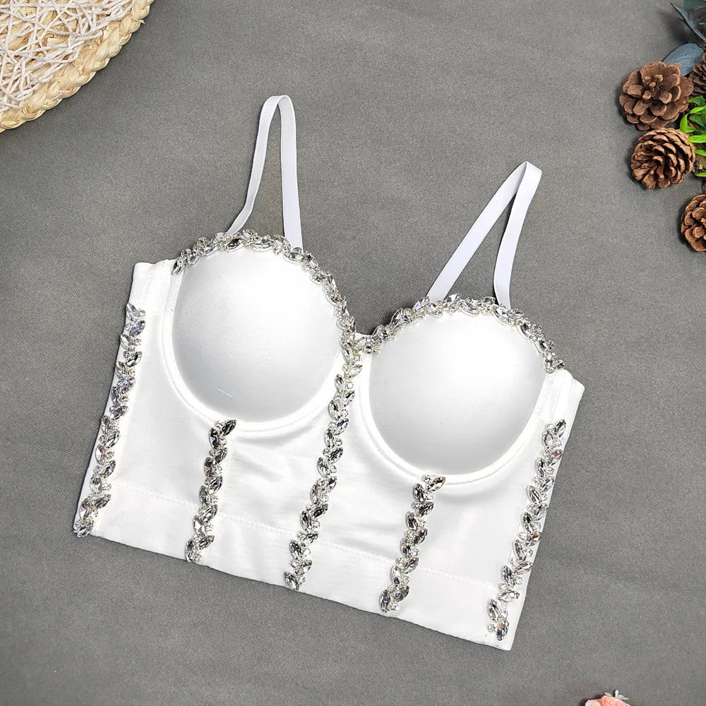 Crystal Chain Strap Bustier Corset Crop Top Hook-and-Eye Stage Bralette
