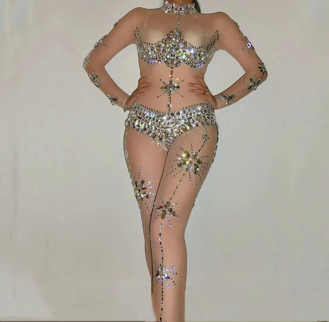 Crystal Rhinestone Sheer Jumpsuit – Stretch Sparkly Bodysuit for Stage, Dance, Drag & Party