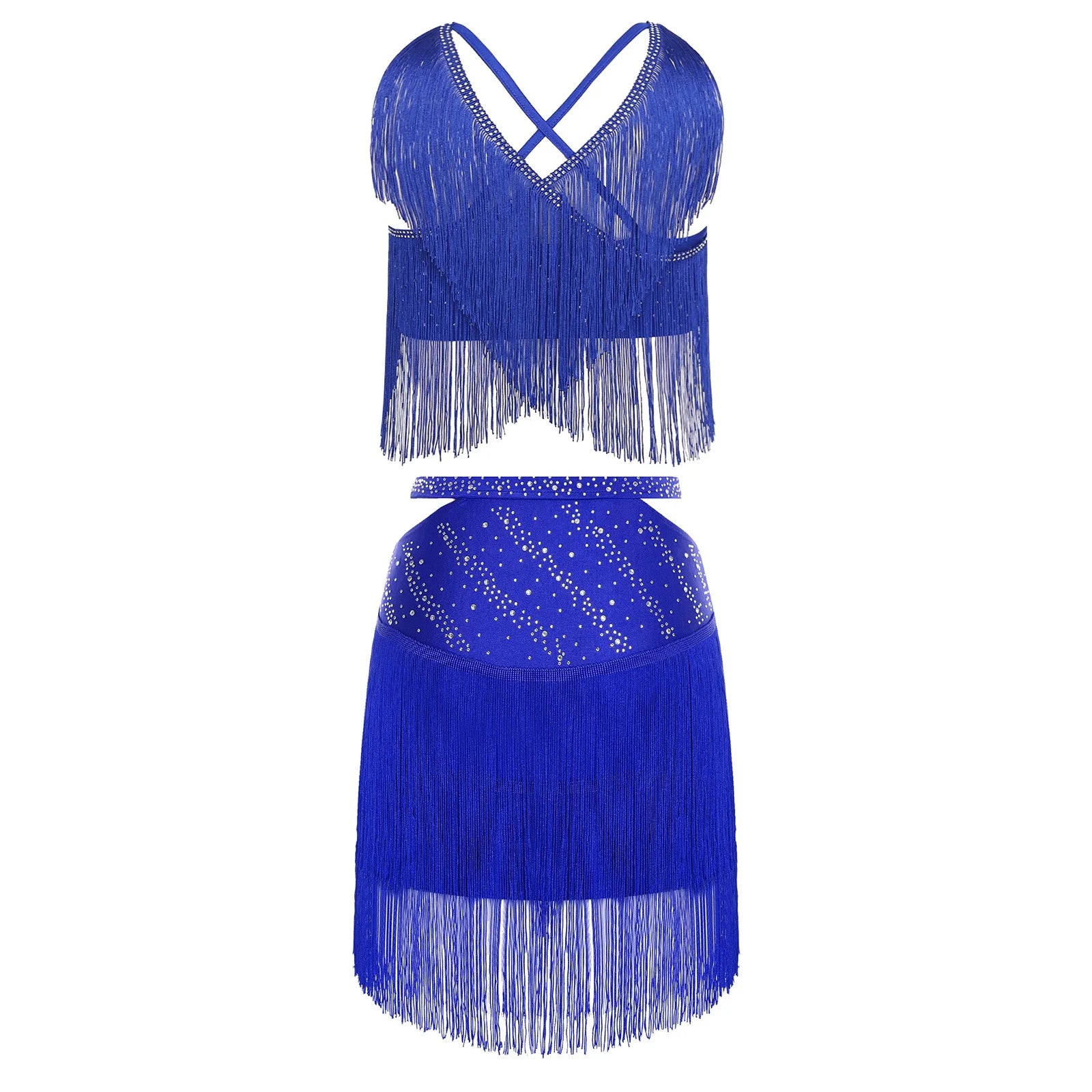 Sparkly Rhinestone & Tassel Fringe Two-Piece Latin Tango Dance Outfit Set