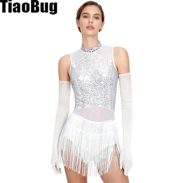 Sparkly Sequin & Fringe Dance Dress with Gloves Latin Stage Performance Costume