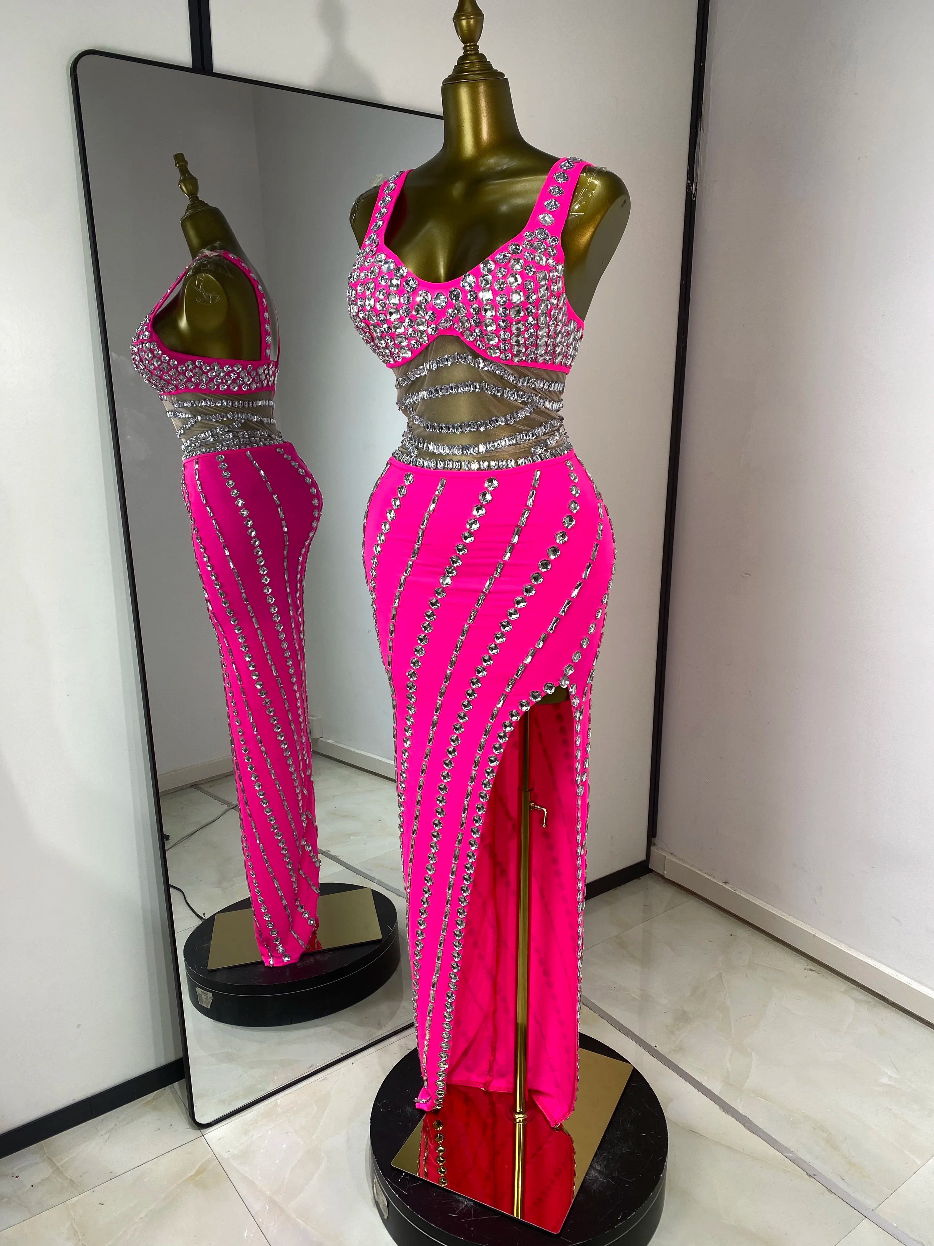 Hot Pink Rhinestone & Tulle Inset Open-Leg Maxi Evening Gown