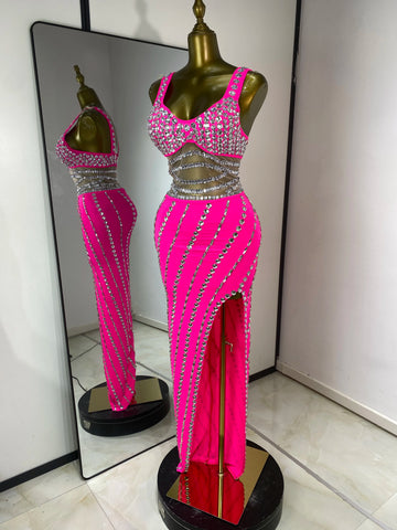 Hot Pink Rhinestone & Tulle Inset Open-Leg Maxi Evening Gown