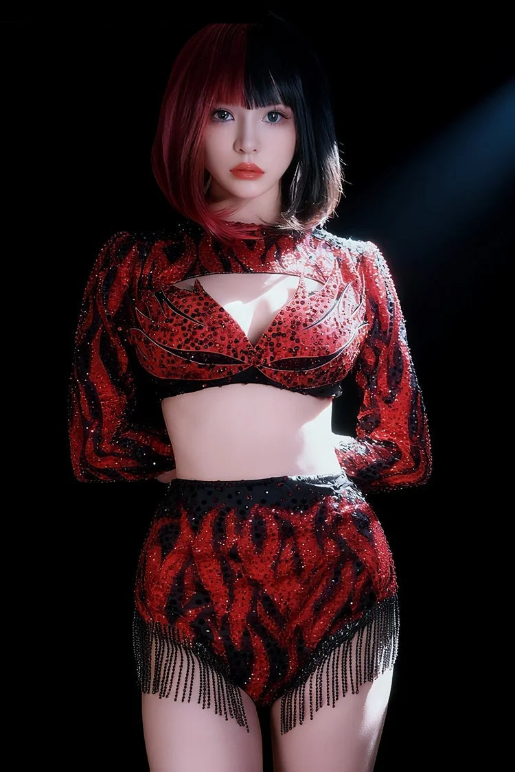 Crimson Red Crystal Cutout Crop Top & Shorts 2-Piece Stage Dance Costume Set