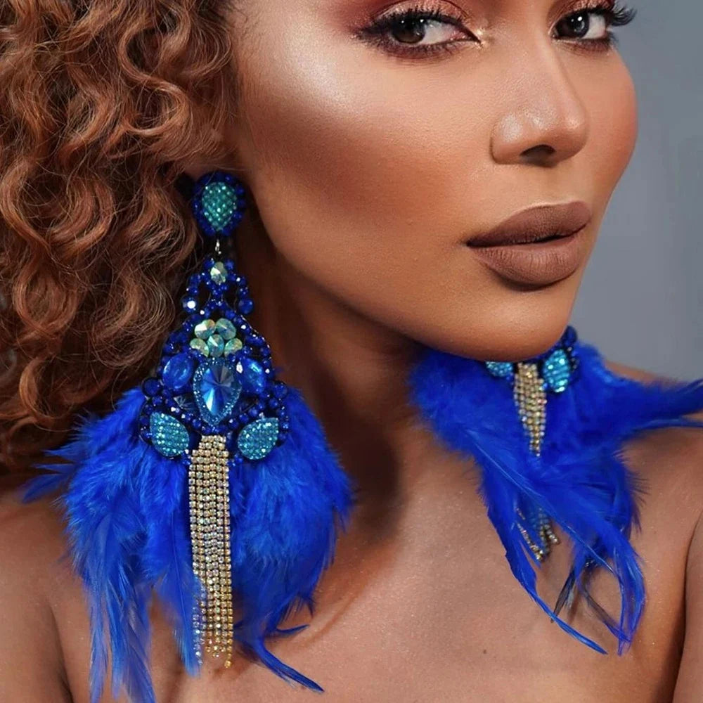 Sparkly Royal Blue Feather Rhinestone Tassel Dangle Earrings Stage Jewelry