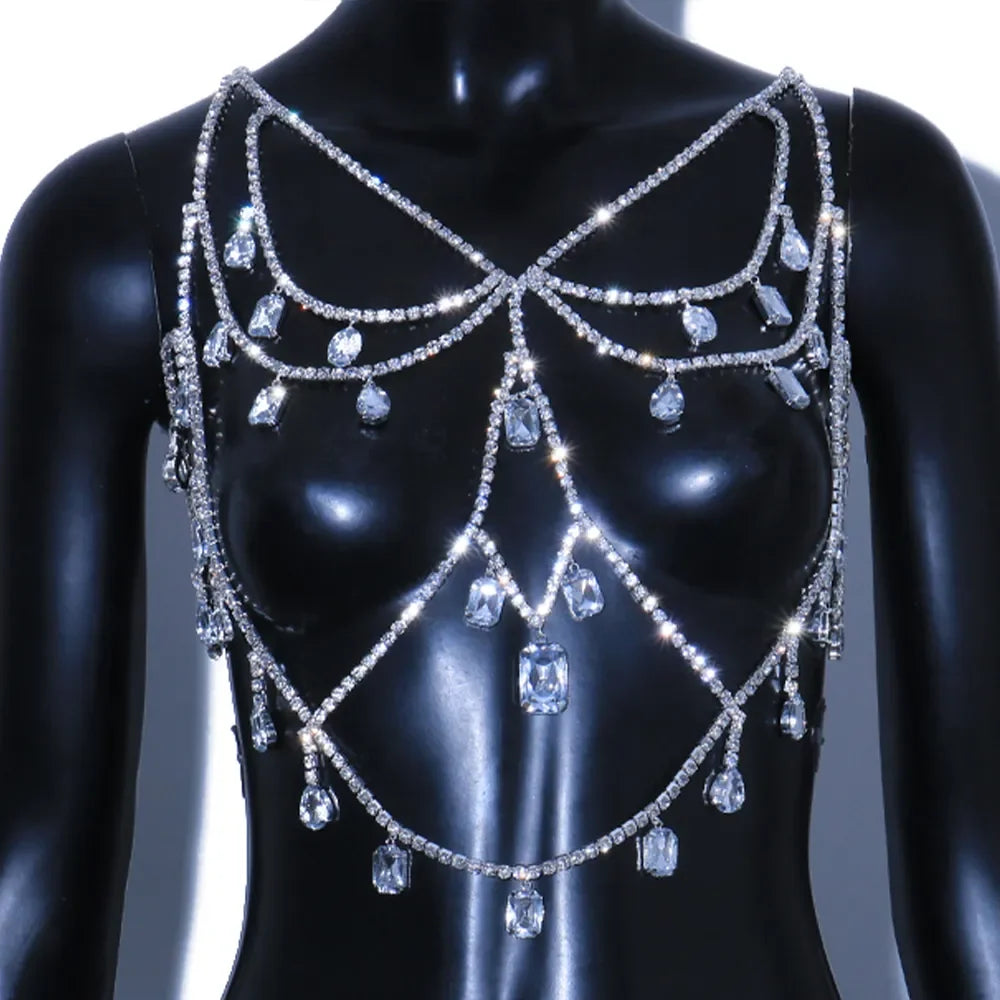 Oversized Glass Crystal Chest Chain Lingerie Vest Drag Queen Stage Body Jewelry