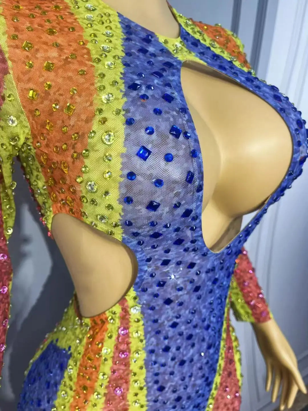Women's Colorful Rhinestone Hollow-Out Mesh Long Dress | Twinkling Body-Con Gown for Red Carpet & Party