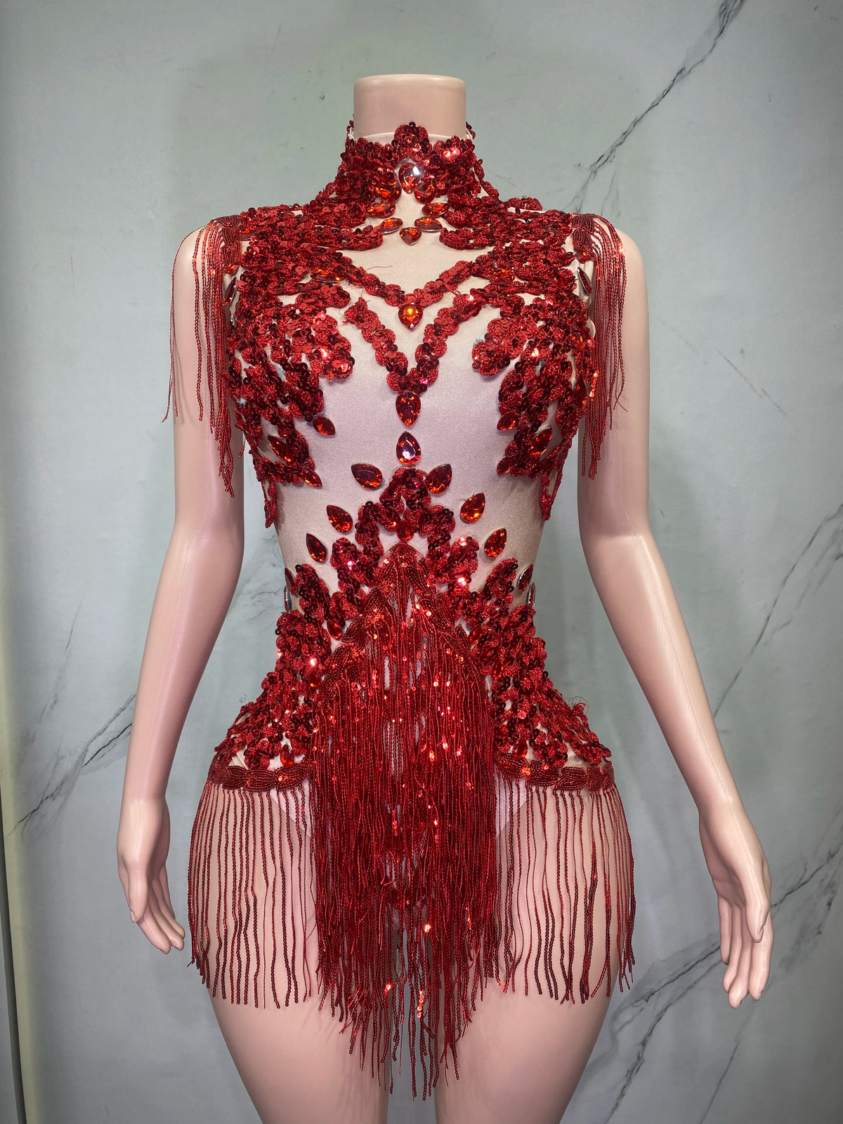 Sheer Mesh Rhinestone Performance Bodysuit for Women