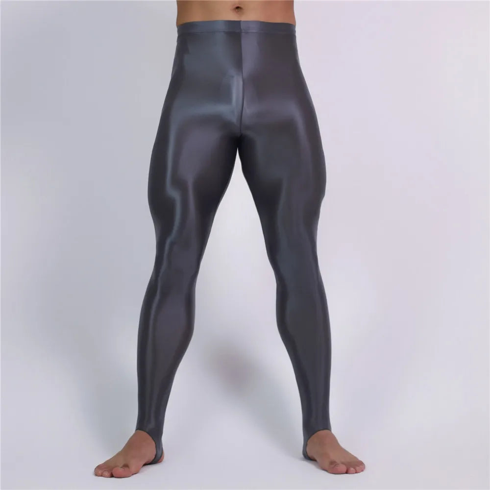 Men's Slim Tights Pencil Pants Stain Smooth  Oil Glossy Shiny Elastic Yoga Leggings Sheer See Through Full Pants Plus Size