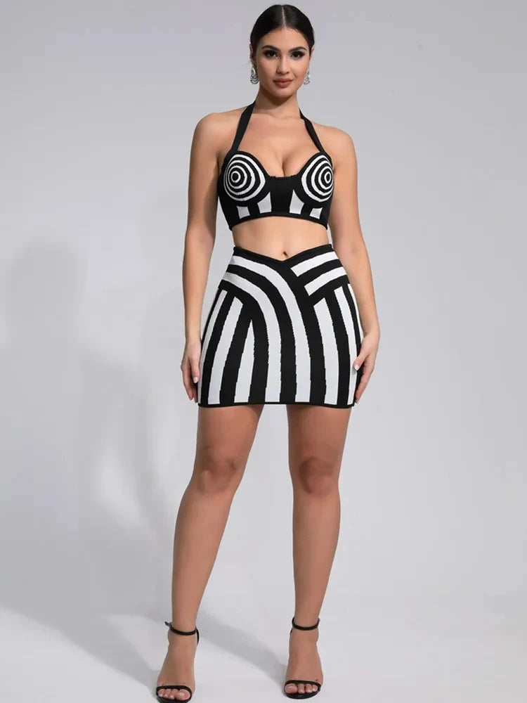 Black & White Striped Two-Piece Skirt Set