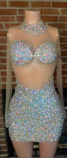 Luxurious AB Crystal Rhinestone Stage Dance Costume Illusion Mini Dress