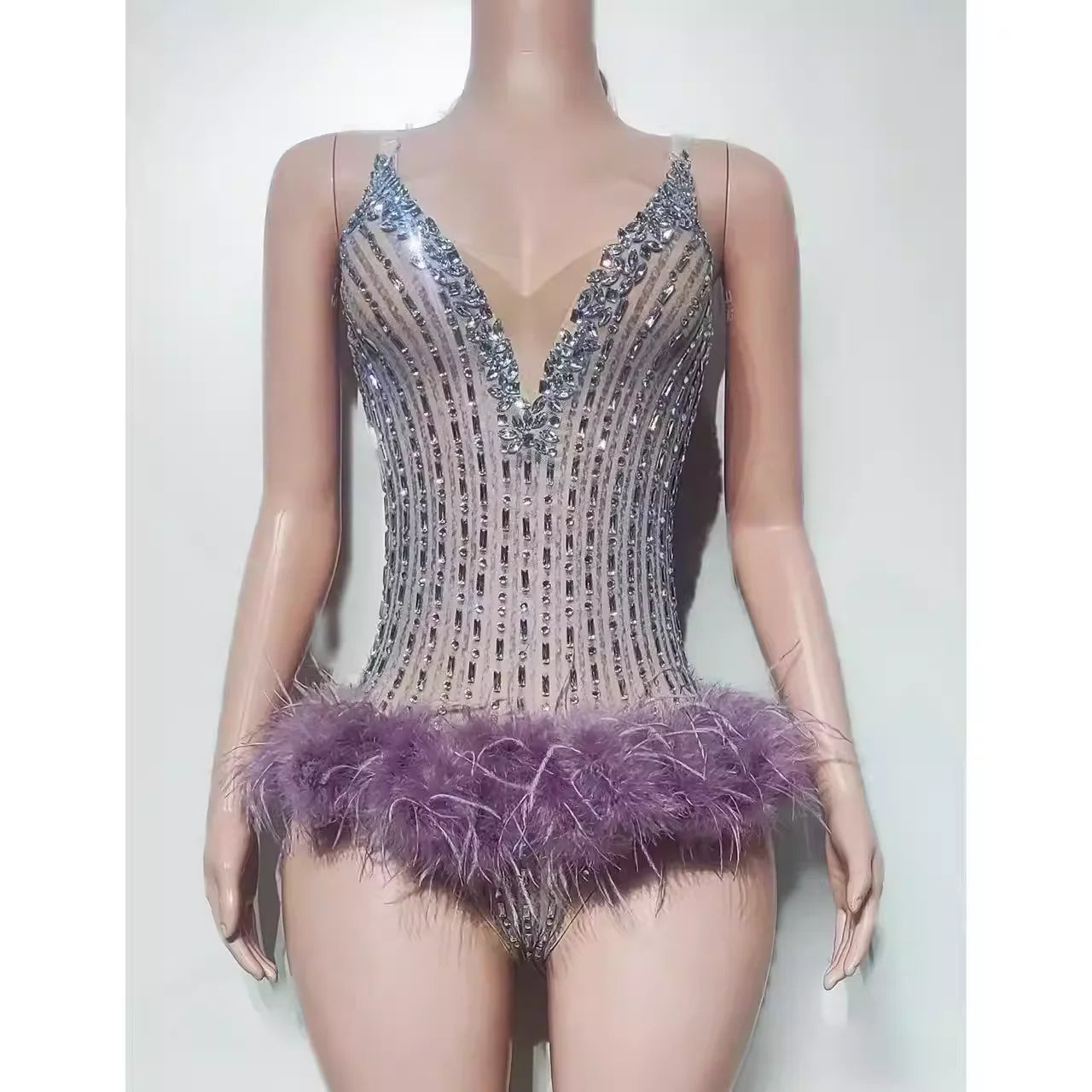 Purple Crystal & Ostrich Feather Illusion Bodysuit Sparkly Stage Dance Leotard