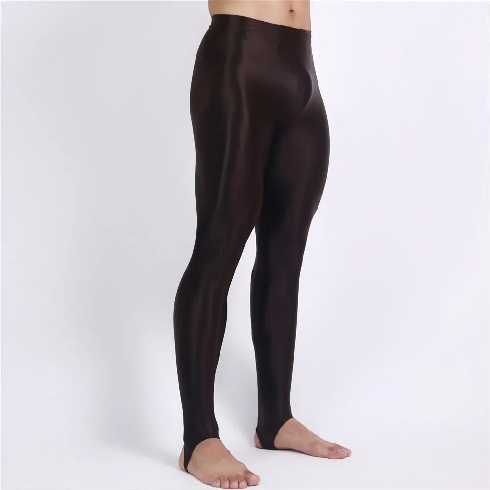 Men's Slim Tights Pencil Pants Stain Smooth  Oil Glossy Shiny Elastic Yoga Leggings Sheer See Through Full Pants Plus Size