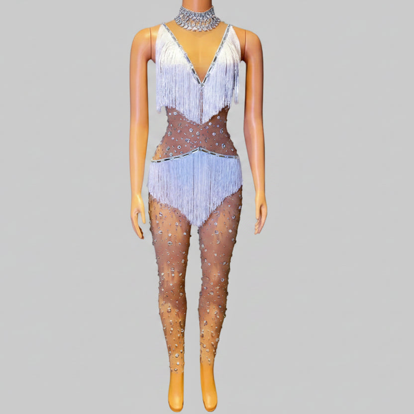 Silver Shattered Rhinestone Tassel Bodysuit Sheer Illusion Stage Jumpsuit