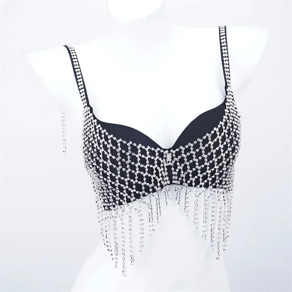 Sparkly Rhinestone Mesh Fringe Corset Crop Top Stage Performance Bustier