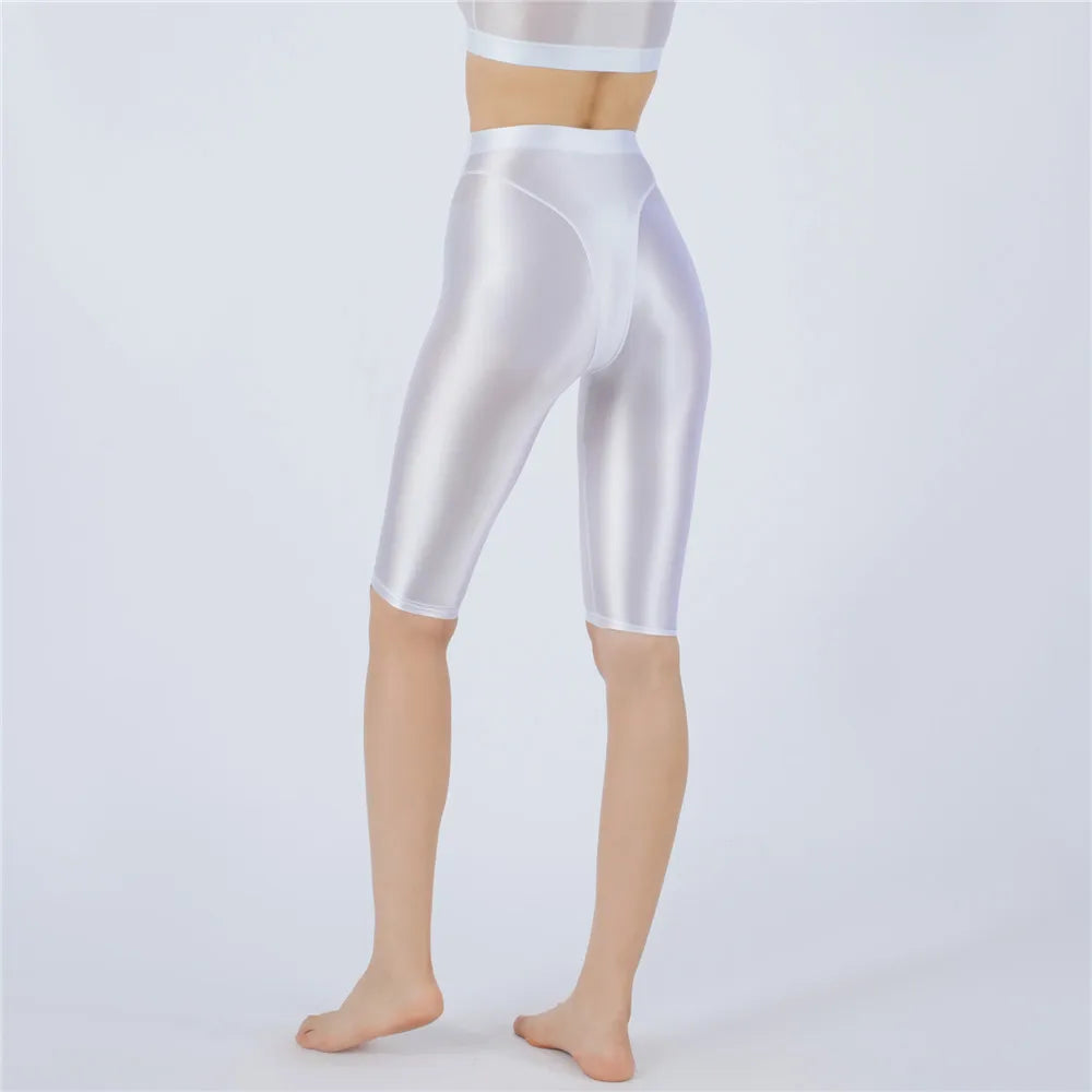 Oil Glossy High-Stretch Knee-Length Shorts Satin Shine Performance Biker Shorts