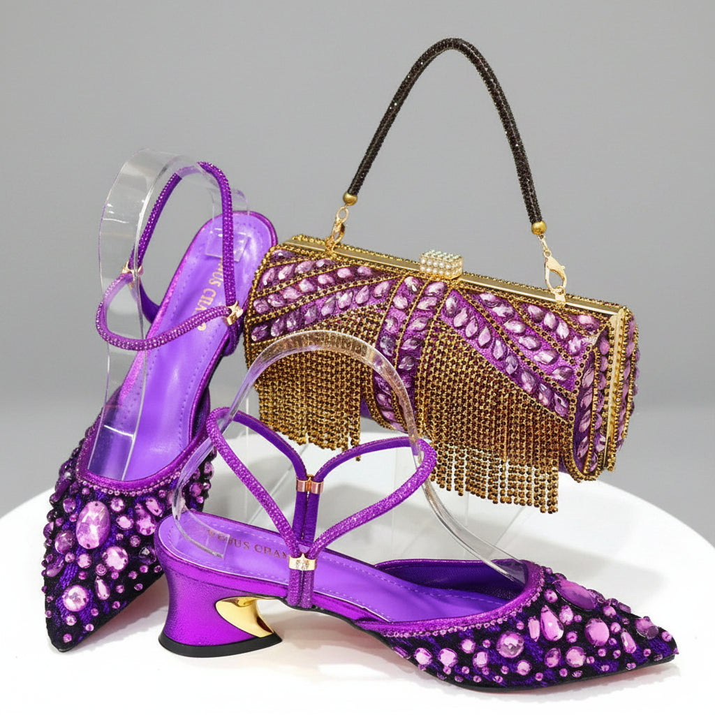 High Quality Rhinestone Low Heels and Bag Set