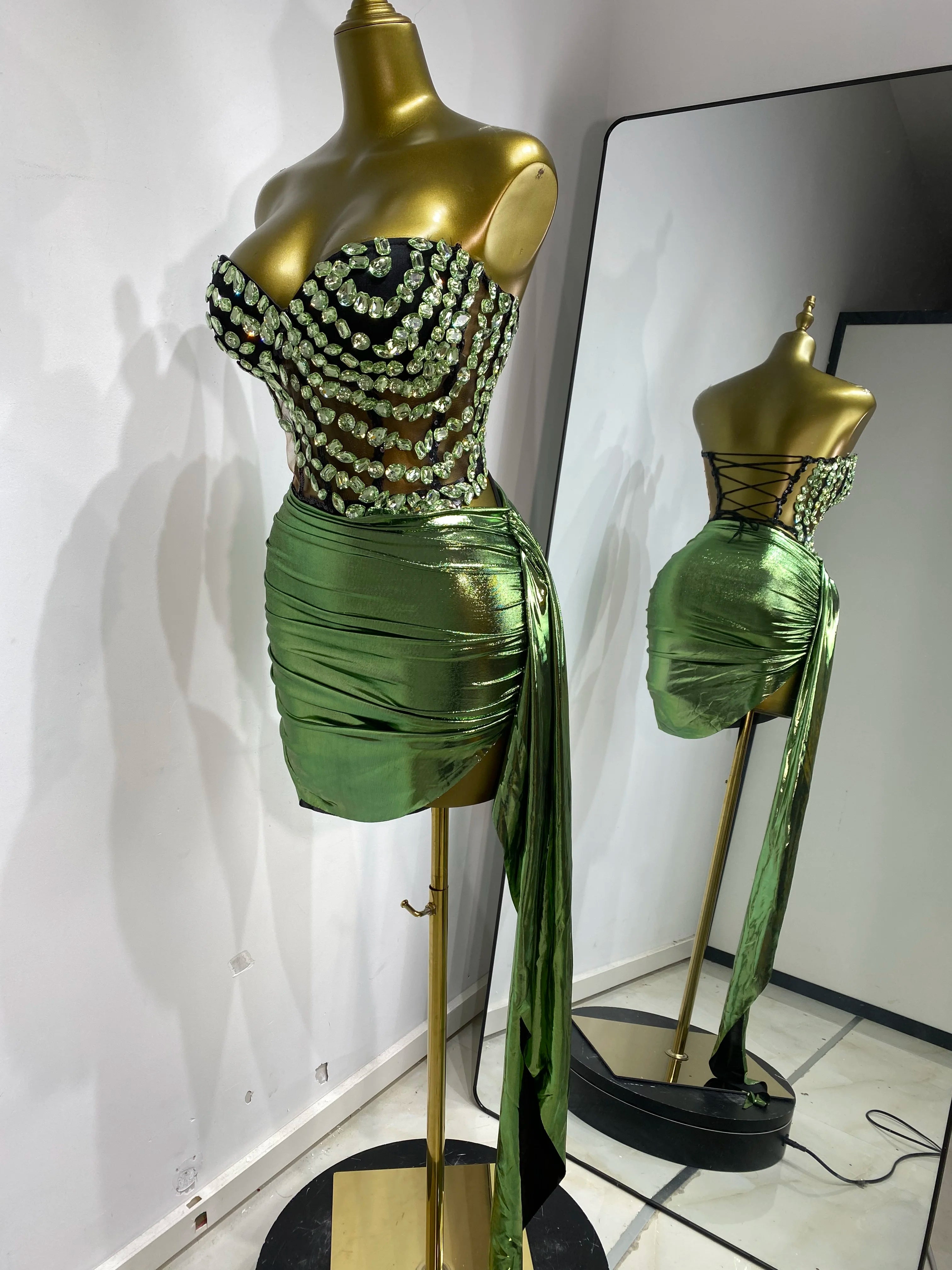 Rhinestone Tube Bustier Corset Top & Bronzing Mini Skirt 2-Piece Performance Set