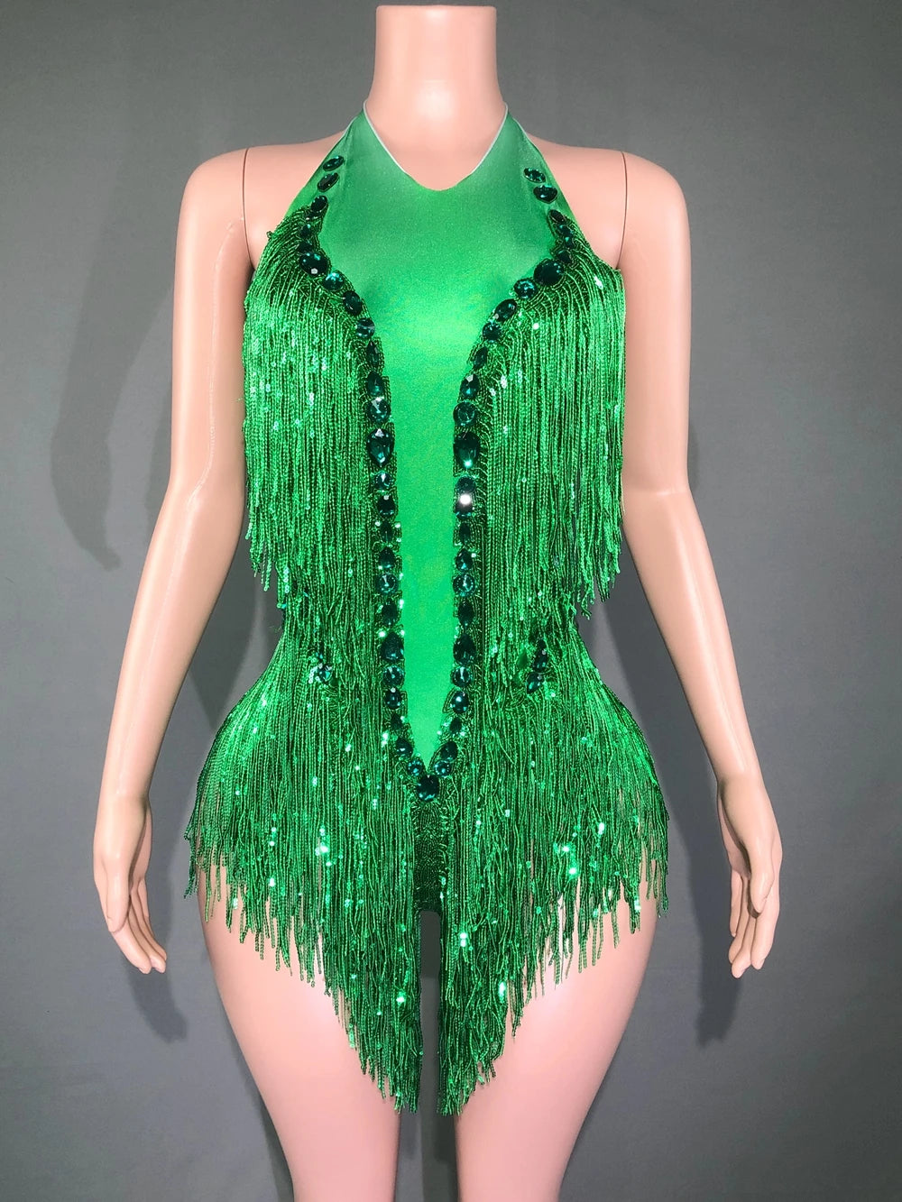 Sparkly Emerald Green Rhinestone Sequin Fringe Bodysuit Backless Stage Leotard