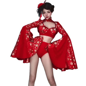 Crimson Red Sculpted Bralette, Dramatic Puff Sleeve Shrug & Briefs 3-Piece Stage Costume Set
