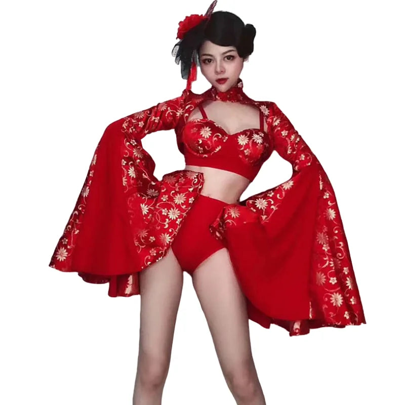 Crimson Red Sculpted Bralette, Dramatic Puff Sleeve Shrug & Briefs 3-Piece Stage Costume Set