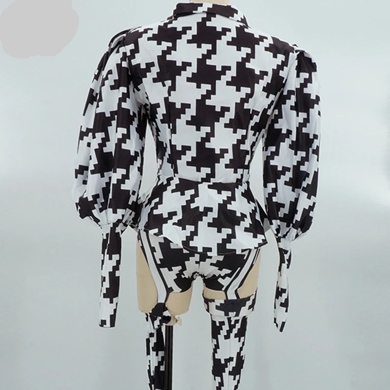 Houndstooth Geometric Print Bodysuit, Over-Knee Boots & Statement Hat 3-Piece Stage Costume Set
