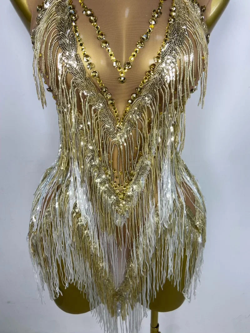 Sparkly Rhinestone & Tassel Fringe Latin Dance Mini Dress Stage Costume