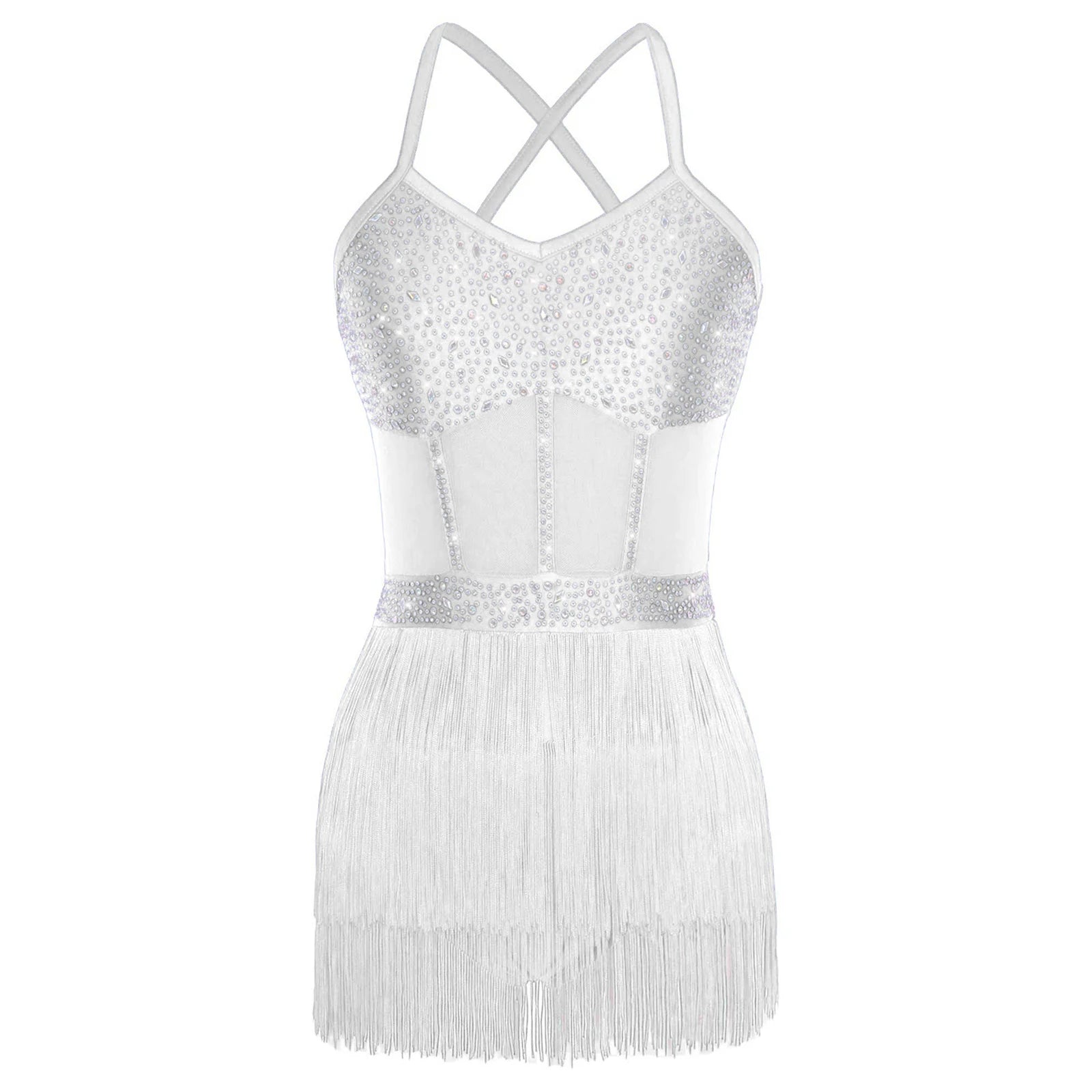 Rhinestone Latin Dance Dress, Mesh Tiered Tassel Bodysuit & Long Gloves Set