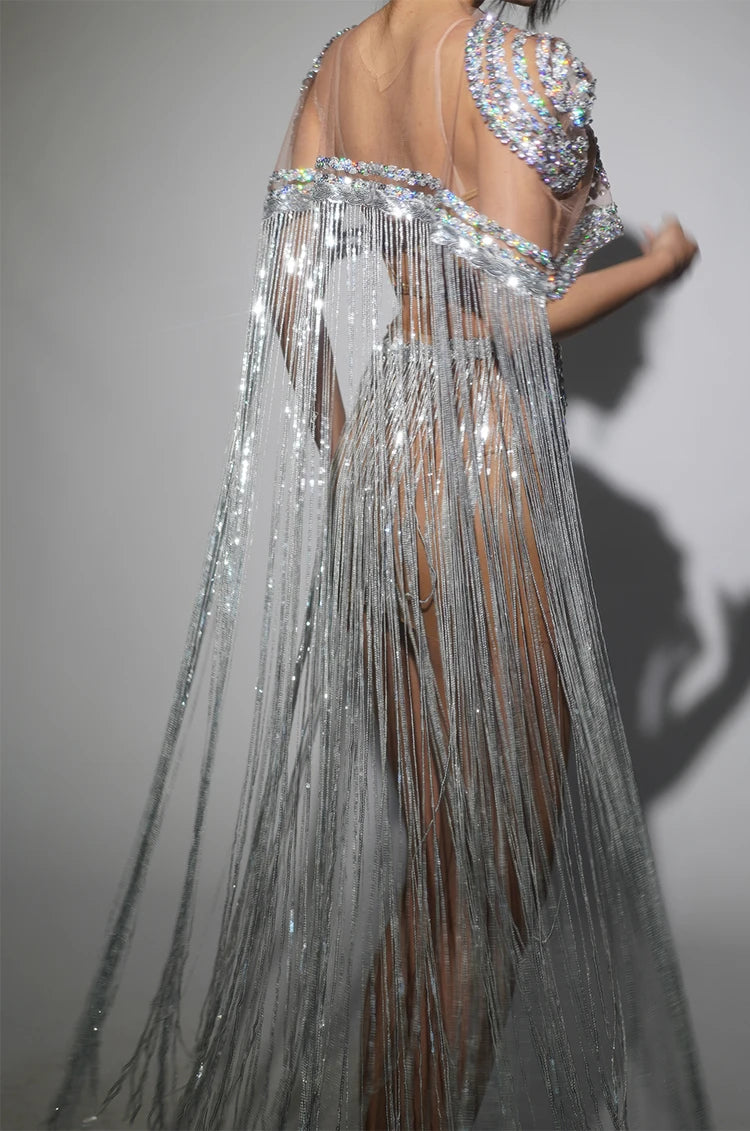 Sparkly Silver Rhinestone Sheer Cape Dress Stage Costume