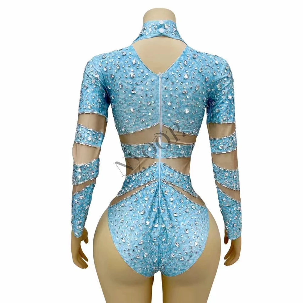 Sparkly Rhinestone Long Sleeve Cutout Bodysuit Stage Performance Dance Leotard