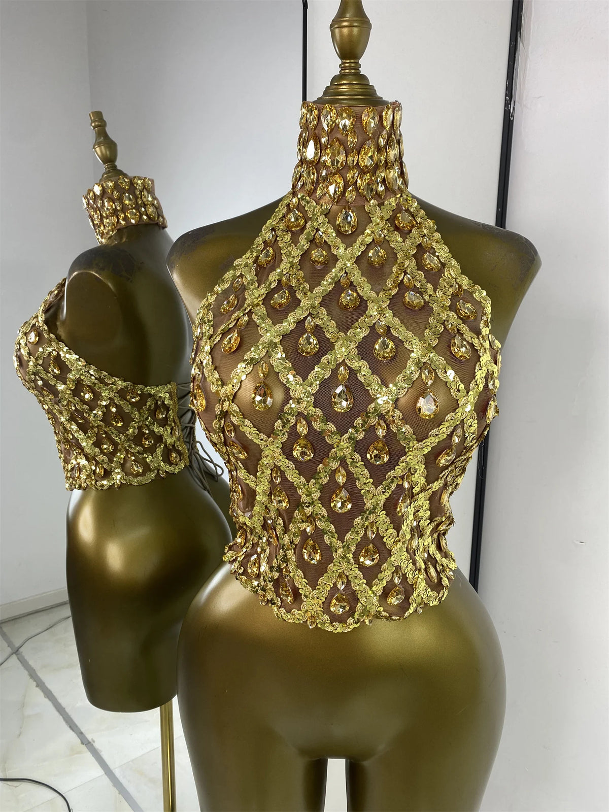 Sparkly Rhinestones Sequins Mesh Laced-Up Back Top