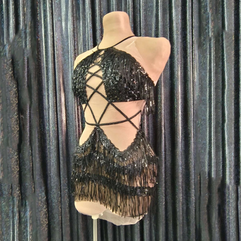 Black Sequin Cutout Fringe Mini Dress Crisscross Strappy Gogo Stage Costume