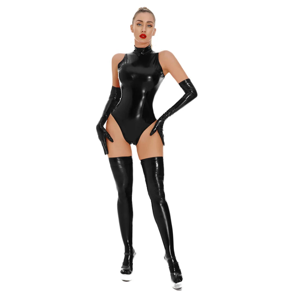 Glossy PU Faux Leather High-Cut Bodysuit, Gloves & Stockings Set