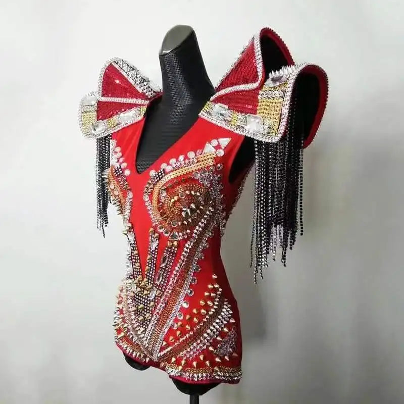 Sparkly Crystal & Rhinestone Armor Bodysuit & Dress Stage Performance Costume