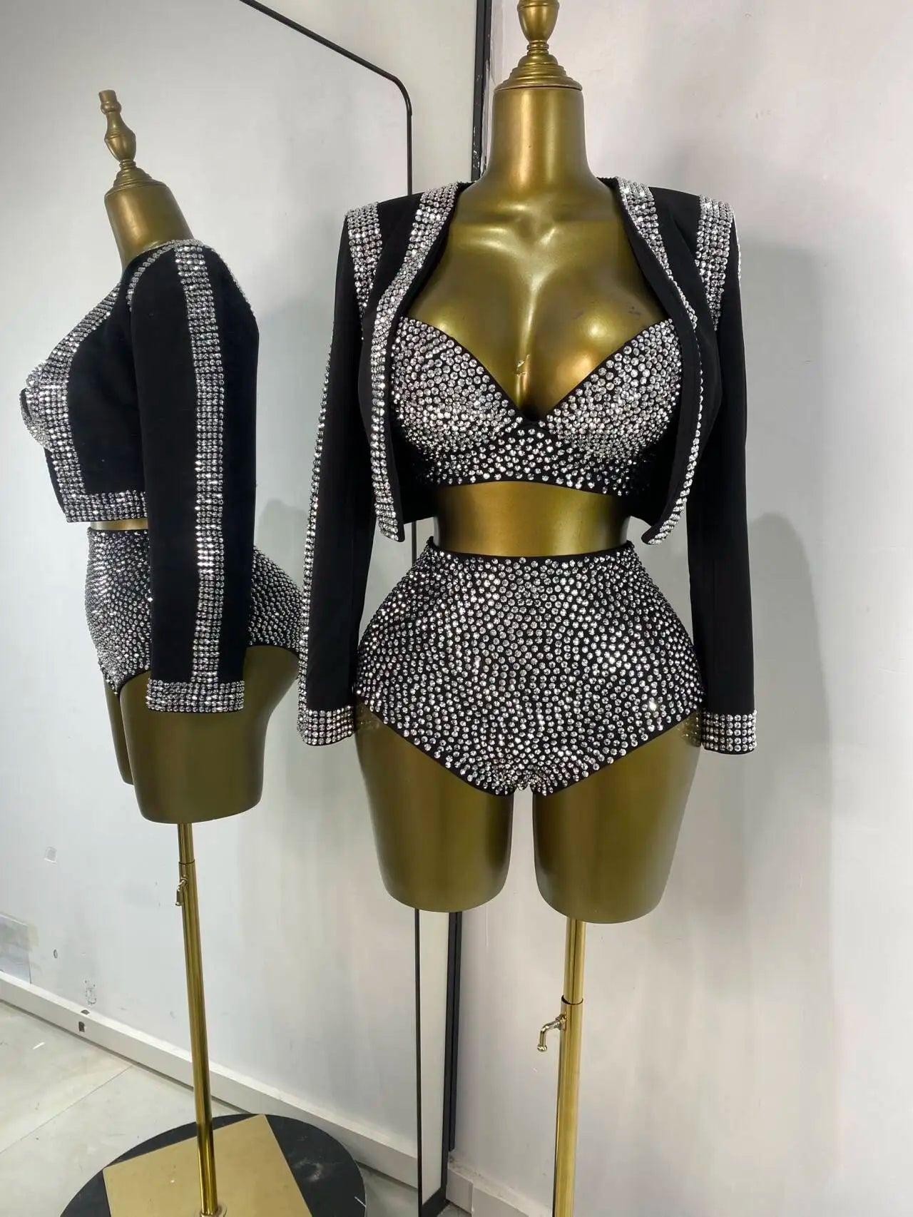 Rhinestone Bustier, High-Waist Mini Shorts & Cropped Jacket 3-Piece Performance Costume Set