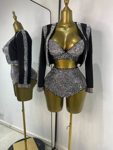 Rhinestone Bustier, High-Waist Mini Shorts & Cropped Jacket 3-Piece Performance Costume Set