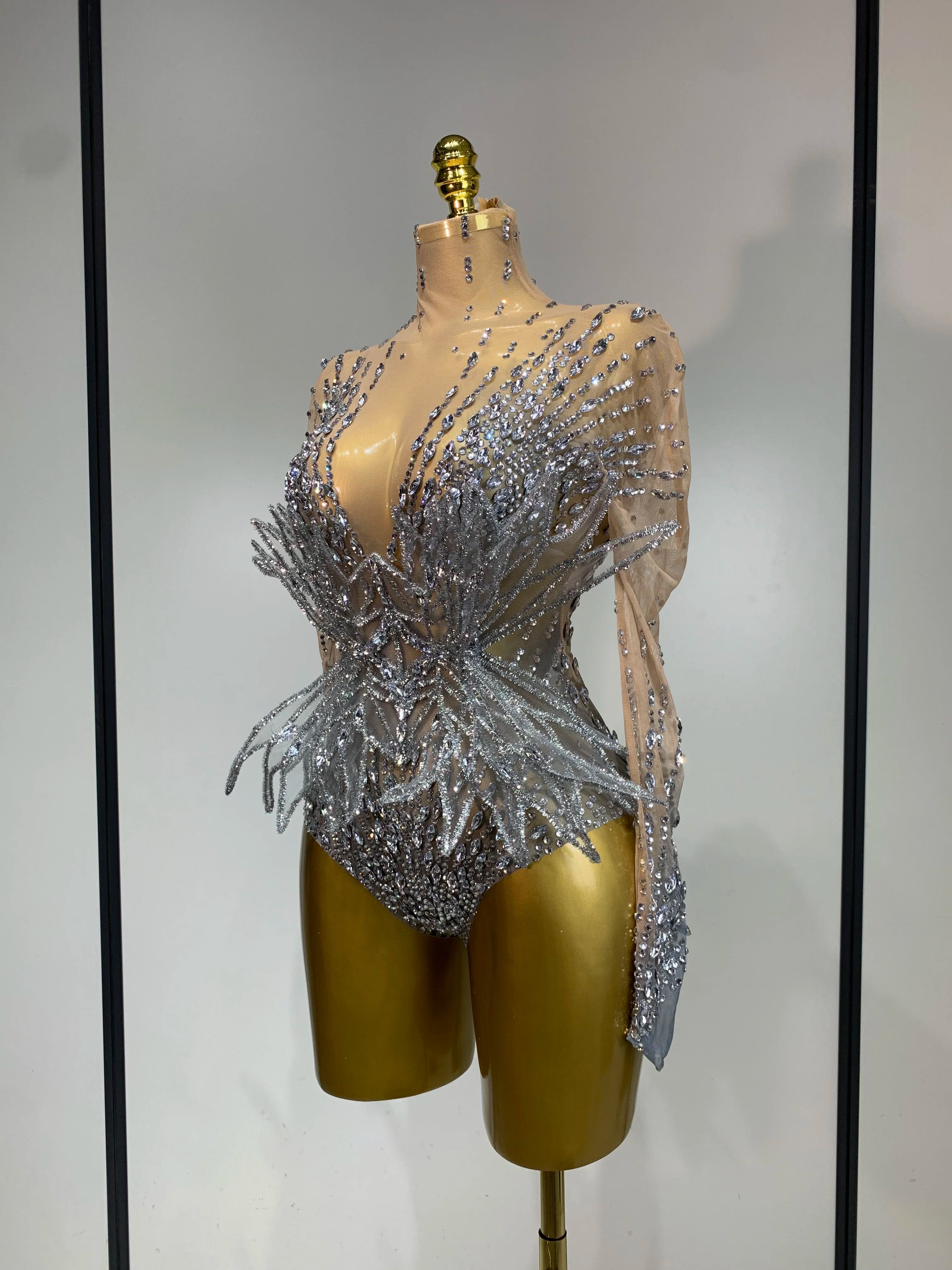 Luxury Shining Diamond See-Through Mesh Bodysuit Stage Performance Jumpsuit