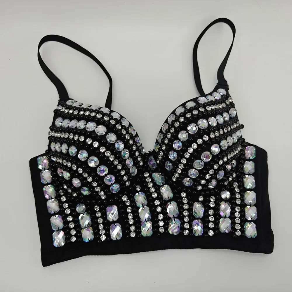 Sparkly Rhinestone Corset Tank Top Showgirl Stage Performance Bra Bustier