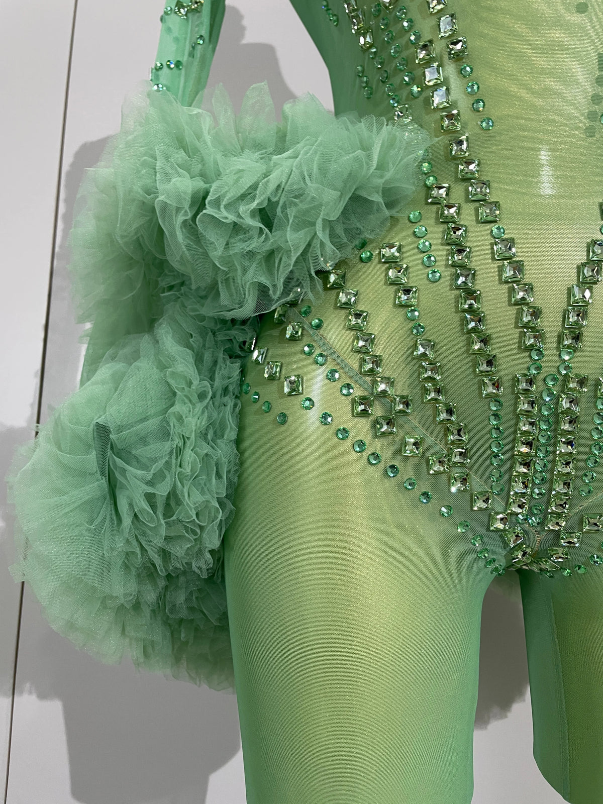 Green Rhinestone Mesh Performance Jumpsuit
