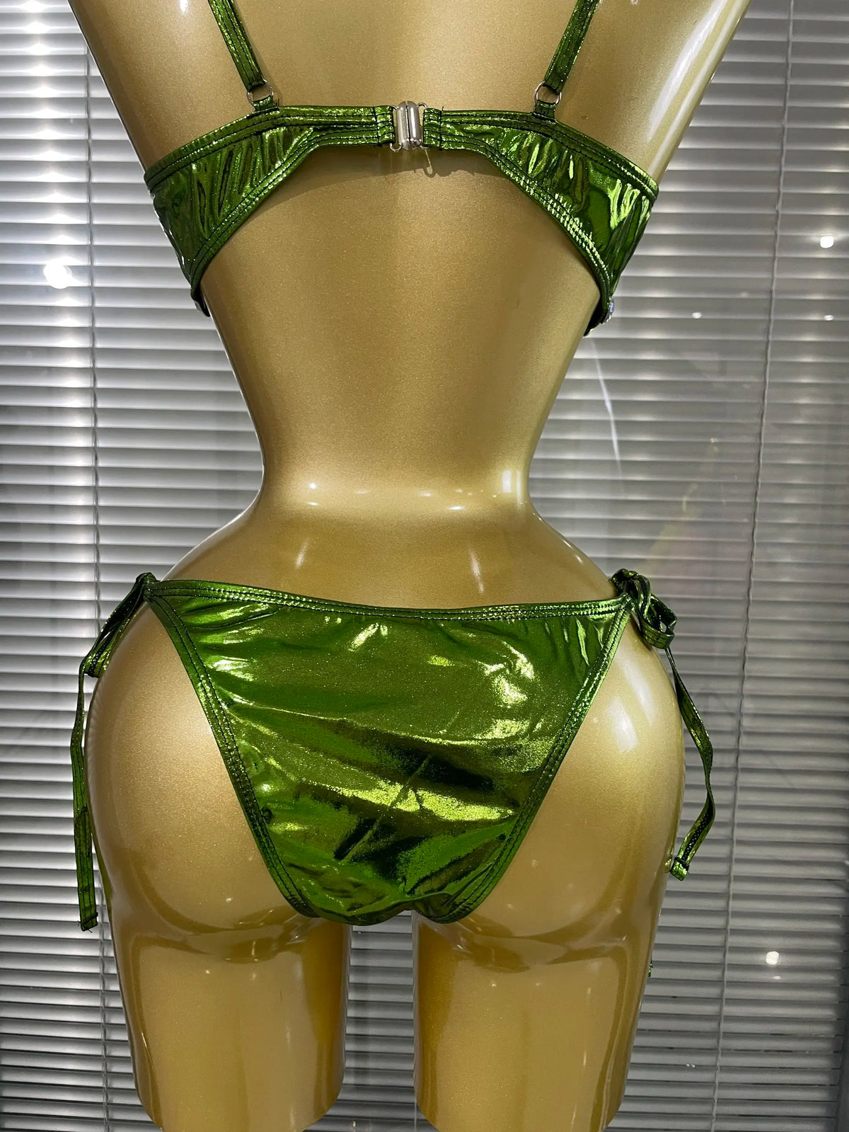 Green Color Women Sexy Shining Rhinestones 2 Pieces Costume Set Showgirl Stage Performance Swimwear